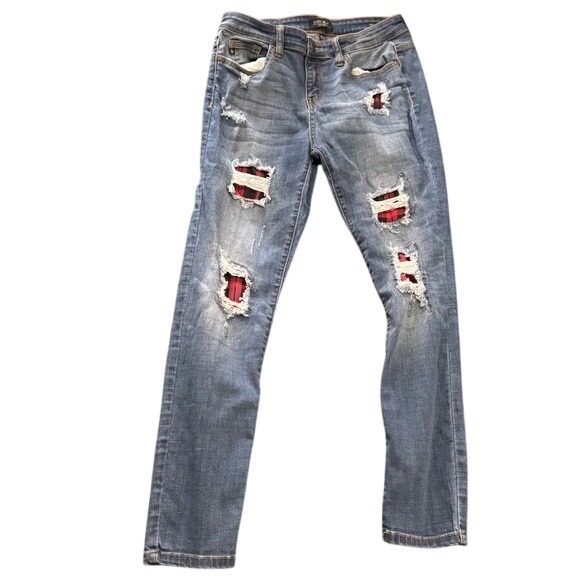 Judy Blue Denim - Judy Blue Jeans Distressed Blue w Plaid Y2K Zombie Grunge Women's Size 11/30
